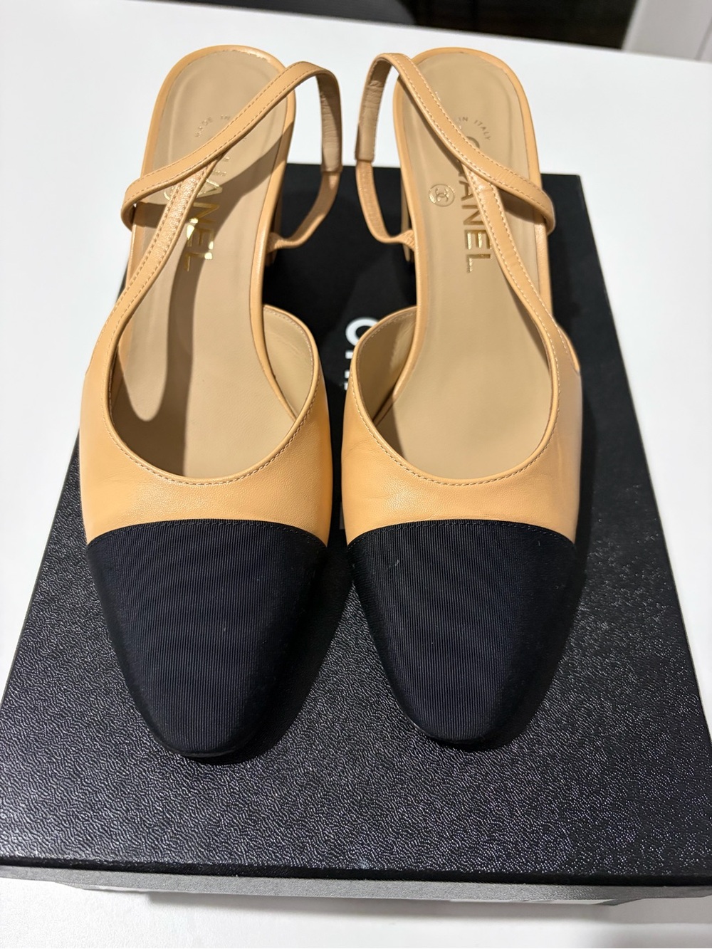 CHANEL Beige and Black Slingback Flats